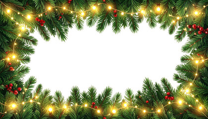 Ein nahtloser, dekorativer Weihnachtsrahmen aus Tannenzweigen und Girlanden mit Weihnachtslichtern auf transparentem Hintergrund (PNG)