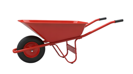 Red metal wheelbarrow with single wheel and handles