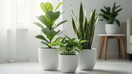 Fototapeta premium Bright indoor shot of three potted houseplants in white pots near a window