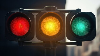 Close-up of a traffic light showing red, yellow, and green lights