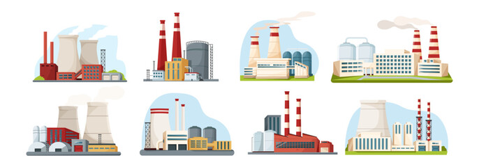 Collection of industrial factory buildings with chimneys and towers in flat style on white background. Concept of power and manufacturing plants. Vector illustration