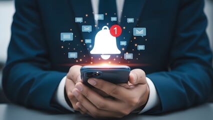 Businessman interacting with a smartphone and digital icons