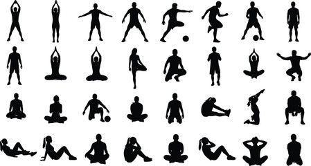 Large collection of black and white vector silhouettes showing various fitness, yoga, exercise, and sports poses for diverse health, workout, and active lifestyle graphic design concepts.