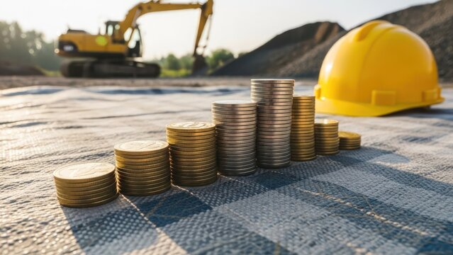Coin stacks lead to hard hat and excavator at a construction site