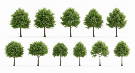 Collection of varied green tree illustrations, isolated on a white background