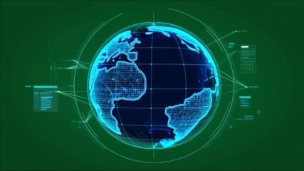 Futuristic blue wireframe Earth hologram rotating with digital HUD interface and global data network on green background - Powered by Adobe