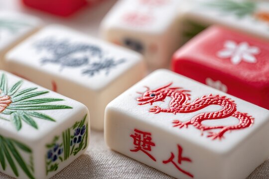 Close up of colorful mahjong tiles on a table during Lunar celebration, showcasing intricate designs and vibrant colors, perfect for festive themes and cultural imagery