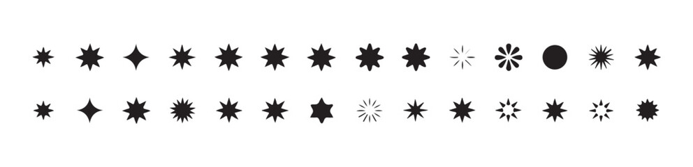Collection of various black star and sparkle icons for abstract graphic design and modern decoration