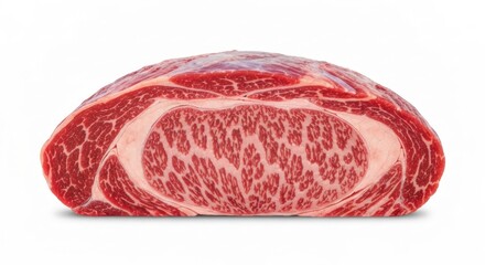 Fototapeta premium Cross-section of marbled raw beef, a detailed macro of meat grain & fat