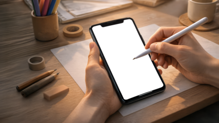 Blank mobile screen mockup in artist hands with a white touch pen above desk supplies. Ideal for app ui, handwriting, product display or branded content insert.