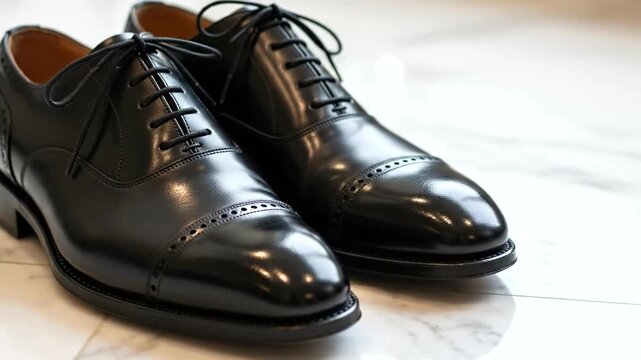 Elegant black dress shoes on polished marble floor