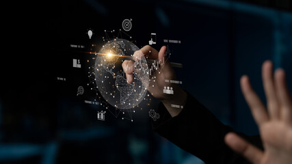 Global business network connecting digital economy and data exchange. Global business expands market, business shares data, global drives finance, and global business supports insight. Latch