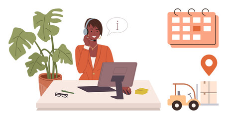 Professional assisting clients via headset at desk with calendar, plant, logistics icons. Ideal for customer service, logistics, scheduling, supply chain, business communication, organization