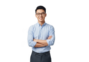 Young asian woman with glasses smiling arms crossed isolated on transparent background