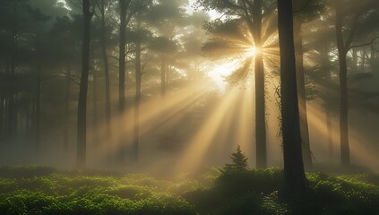 Sunrise in a misty forest