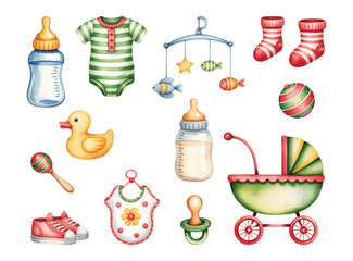 Hand painted baby shower and birthday accessories in soft pastel watercolor.