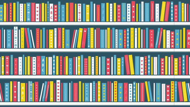 Bookshelves with Books. Animation. Moving Shelves with Books.  Seamless Looping Background. Children's books on the Shelves. Library or Bookstore Interior. Video in Blue, Yellow, Red, White