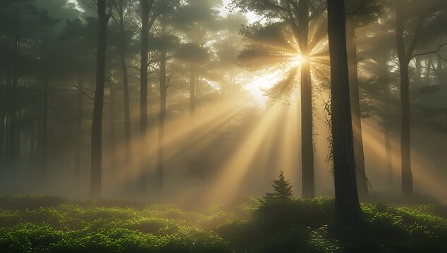 Sunrise in a misty forest - Powered by Adobe