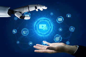 Fototapeta premium Artificial intelligence enhances video marketing by generating personalized content. AI analyzes data to optimize video marketing strategies for maximum audience engagement and reach. Entice