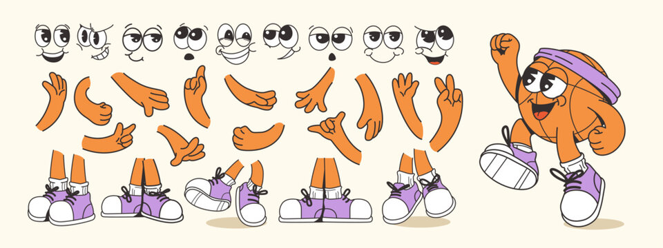 Cartoon basketball character creator set with various facial expressions, hand gestures, and shoe styles on a light background. Concept of sports mascot. Vector illustration