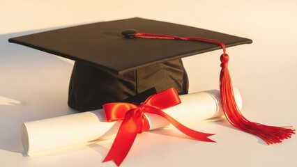 Graduation cap and diploma with red ribbon & tassel on white surface, sunny