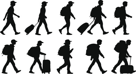 Fototapeta premium Silhouettes of travelers walking with luggage and backpacks