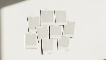 Group of blank polaroid photos adhered to a white surface under sunlight