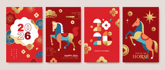 Set of 2026 Chinese new year, year of the Horse poster, cover, greeting card, templates design with horse, flowers and typography in modern geometric style