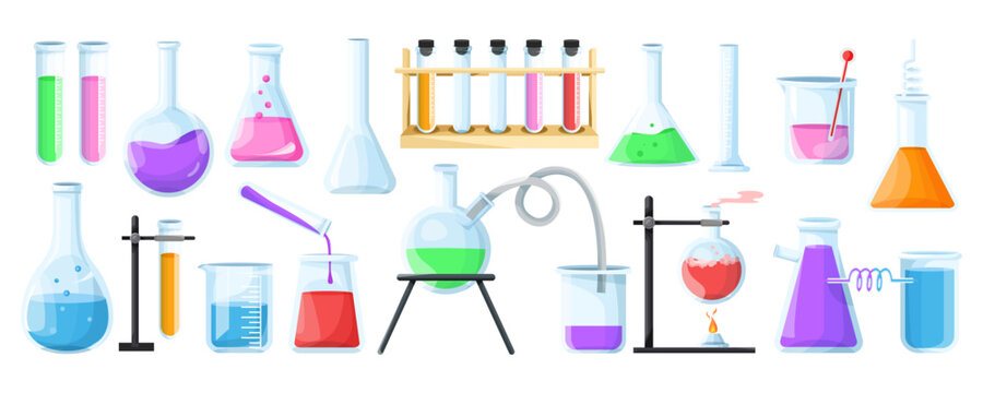 Various chemistry lab glassware filled with colorful liquids, flat cartoon style, isolated on white background. Concept of laboratory science. Vector illustration