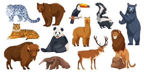 Obraz premium Group of wild animals including bear, tiger, panda, lion, alpaca, and more in cartoon style on white background. Concept of wildlife diversity. Vector illustration