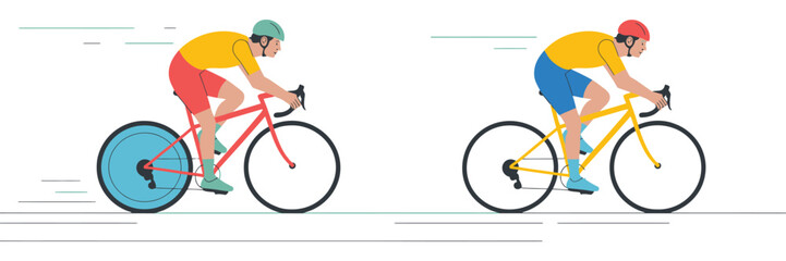 Cyclist on Bicycle Isolated Icon Vector Set with Man Rider Racing at High Speed in Flat Cartoon Minimal Style on White and Yellow Background