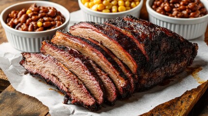 National BBQ Week Sliced smoked brisket with baked beans and corn in rustic setting