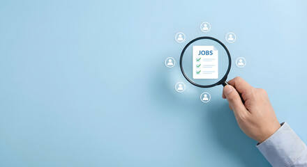Magnifying Glass Reviewing Job Applications with Candidate Icons on Light Blue Background