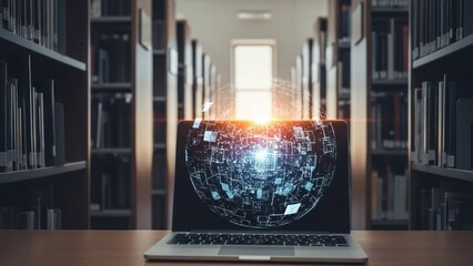 Laptop in library shows orb of digital data, shelves with books behind