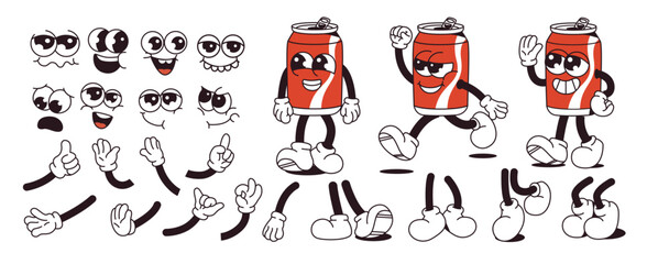 Cartoon soda can character set with various facial expressions, arms, and legs, in retro comic style on white background. Concept of animation design. Vector illustration