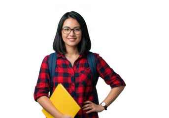 Young woman with glasses and backpack holding a book isolated on transparent background