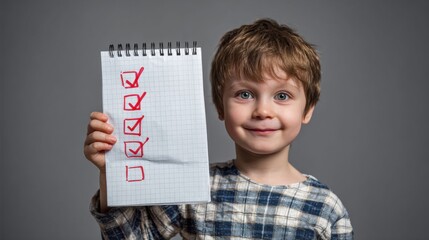Smiling Child Holding Checklist Notebook, Learning and Achievement Concept