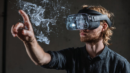  A man wearing a virtual reality headset and interacting with artificial intelligence (1)
