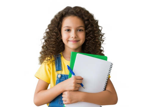 Smiling young girl with curly hair holding notebooks and pen isolated on transparent background - Powered by Adobe