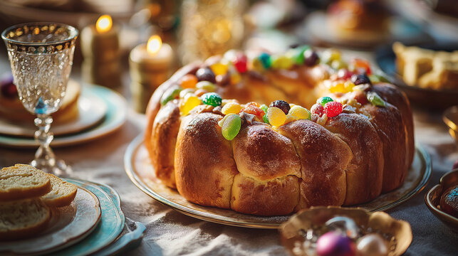 Traditional Mexican rosca de reyes sweet bread decorated with candied fruits, festive table setting, soft natural light