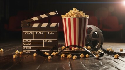 Movie night clapperboard, popcorn, film reel on dark wood with red seats background
