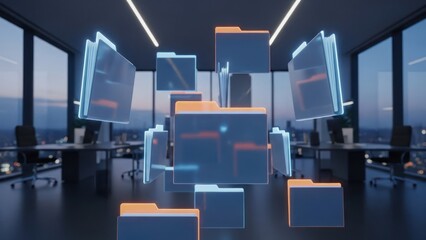 Office view with translucent, layered folders floating, blurred background