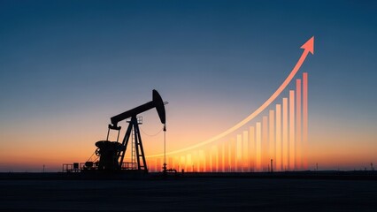 Oil pump silhouette at sunset with rising graph arrow overlayed