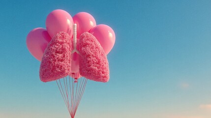 Pink lungs concept with balloon bunch floats against vibrant blue sky promoting health and vitality with symbolic representation of breath
