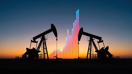 Oil pumps flank rising graph silhouetted against a dawn/dusk sky