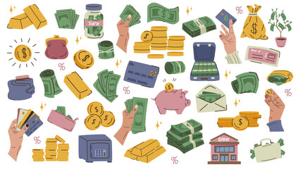 Various hand-drawn finance and money elements like bills, coins, cards, gold bars, wallets, and piggy banks on white background. Vector illustration