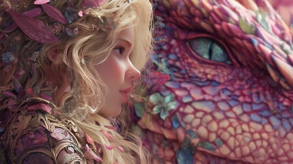 Fantasy illustration of a young woman with floral crown beside a colorful dragon with intricate scales