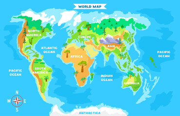 Cartoon-style colorful world map showing continents, labeled oceans, and illustrated vegetation zones on a blue background. Vector illustration © GN.STUDIO