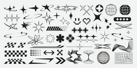 Collection of abstract black geometric, grid, star, and swirl shapes on light background. Concept of design elements. Vector illustration