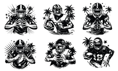 Obraz premium American football player vector silhouette set, powerful gridiron athlete holding ball, american football player black and white sports illustration, isolated on white background